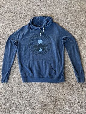 Well Worn Navy Blue Graphic Hoodie with Cream Drawcord